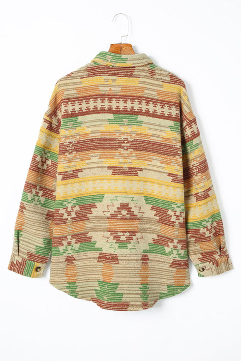 Western Aztec Print Button Flap Pocket Shacket